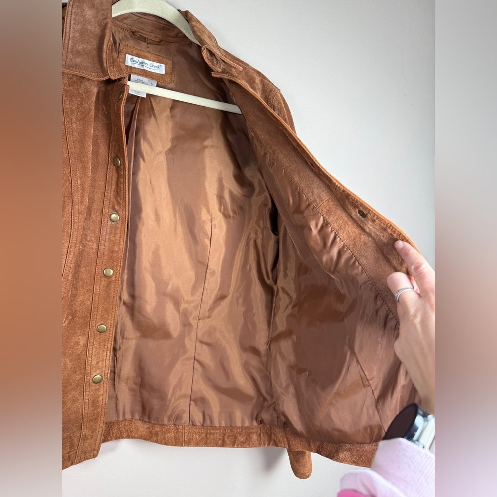 Coldwater Creek Womens Suede Leather Jacket Cognac Snap Closure Sz L - Picture 12 of 12